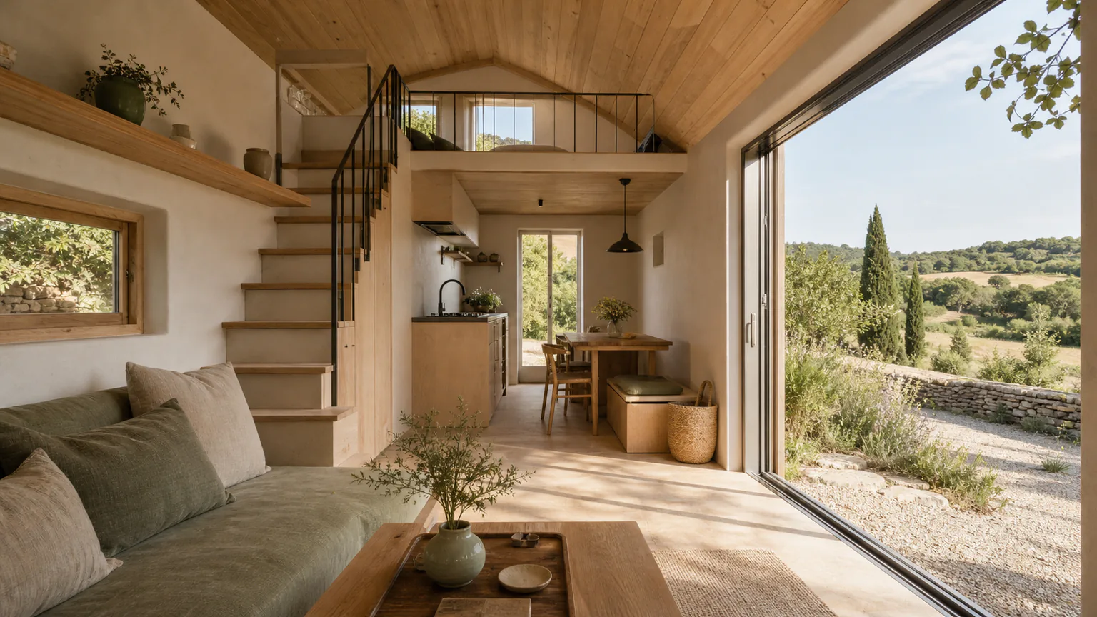 Intérieur lumineux de tiny house en bois clair, ouvert sur la campagne