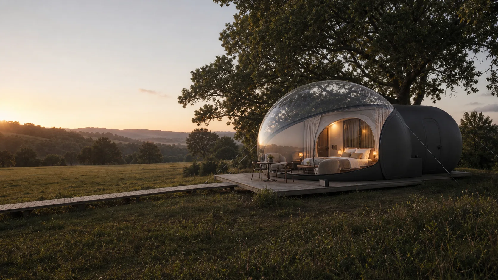 Maison bulle panoramique dans une prairie arborée