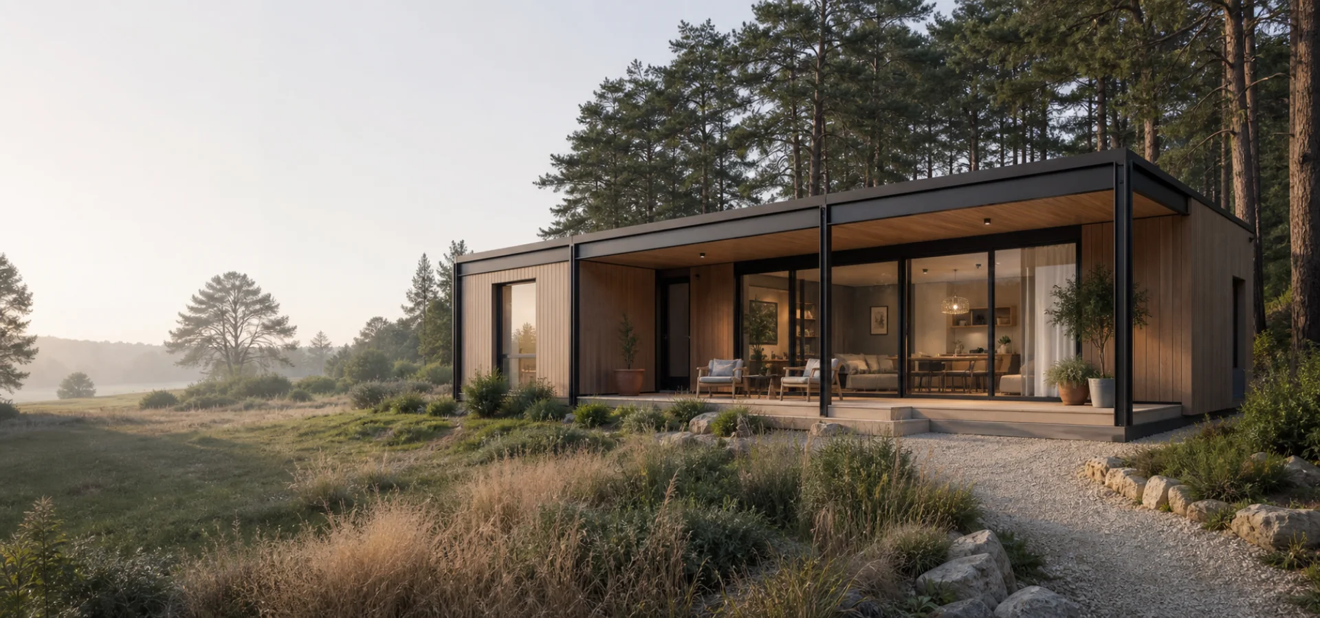 Habitat modulaire contemporain en bois et métal, ouvert sur un paysage naturel